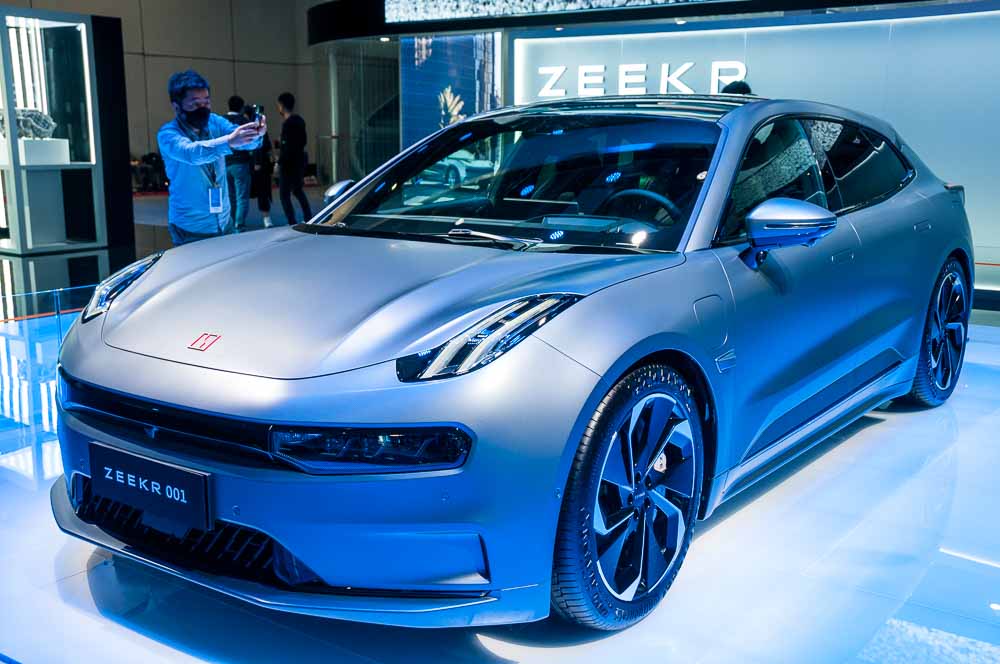 Zeekr 001 EV on display at the 2021 Shanghai Auto Show, China.