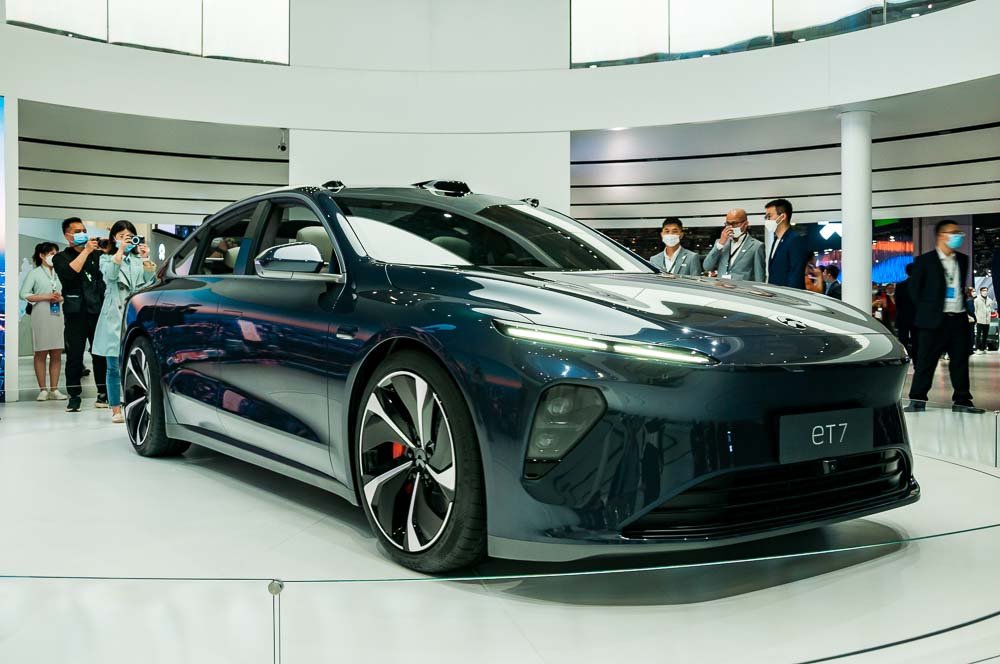 Nio ET7 on display at the 2021 Shanghai Auto Show, China.