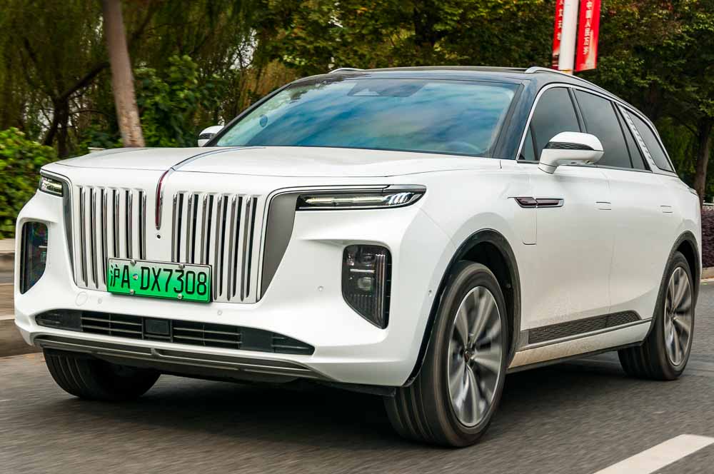 An electric Hongqi E-HS9 being driven in Shanghai, China.