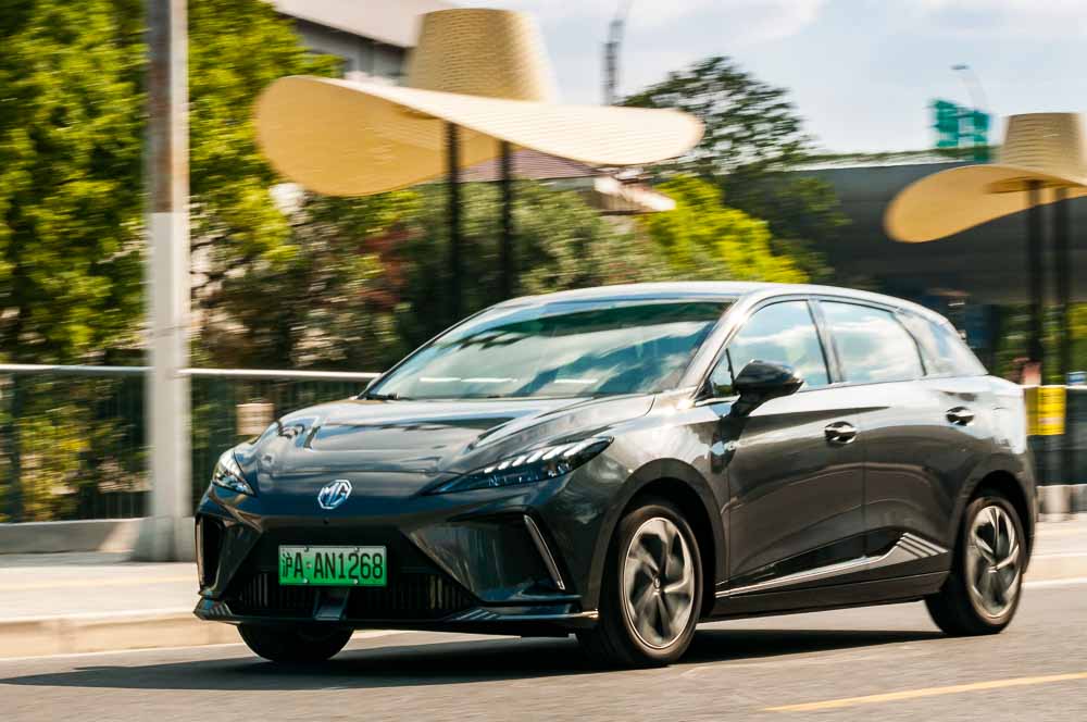 Electric MG Mulan (MG 4) being driven on a test drive in Shanghai, China.