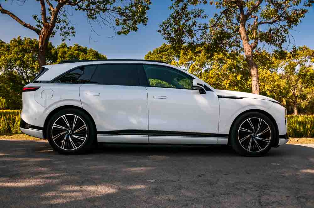 Exterior shot of a long range 4WD performance version of the electric XPeng G9 electric SUV in Shanghai, China.