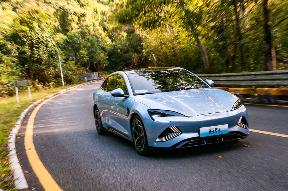 BYD Seal (Atto 4) long range electric sedan being driven on the road in Shenzhen, Guangdong Province China.