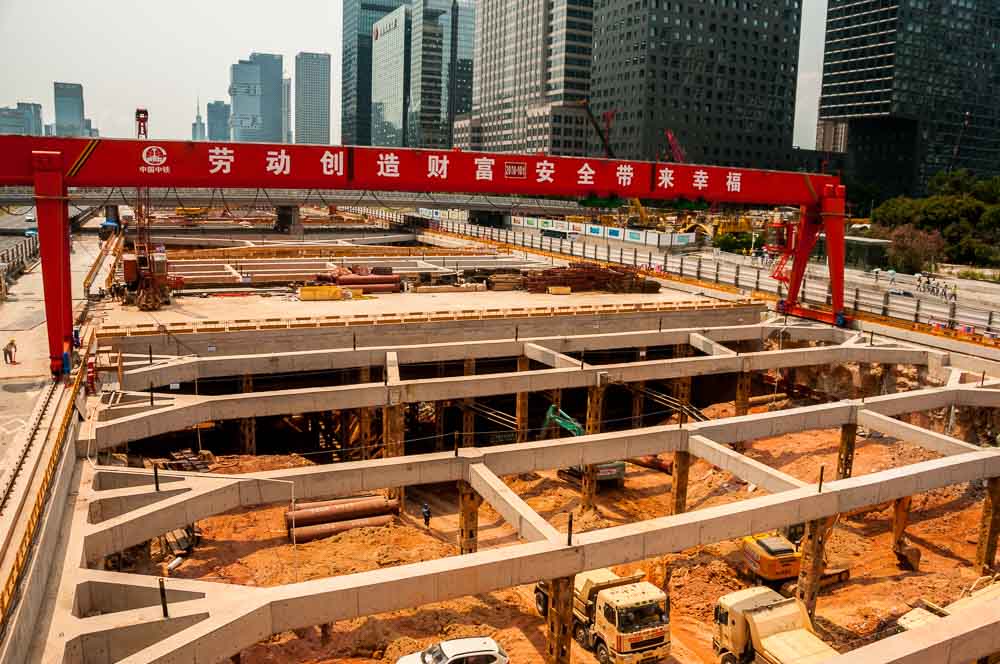 Subway construction at Gangxia North station in central Shenzhen with Shennan Avenue dug up.