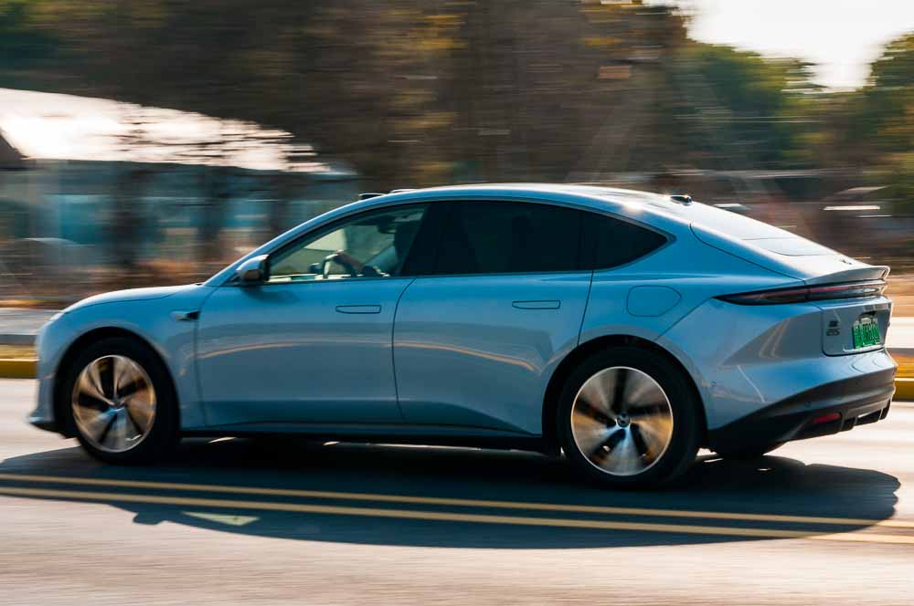 Shanghai, China – 01042023: A Nio ET5 electric sedan being driven on a test drive in Pudong, Shanghai.