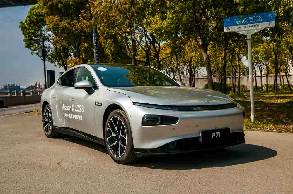 An XPeng P7i Max electric sports sedan near the Huangpu River in Pujiang Town, Pudong, Shanghai, China.