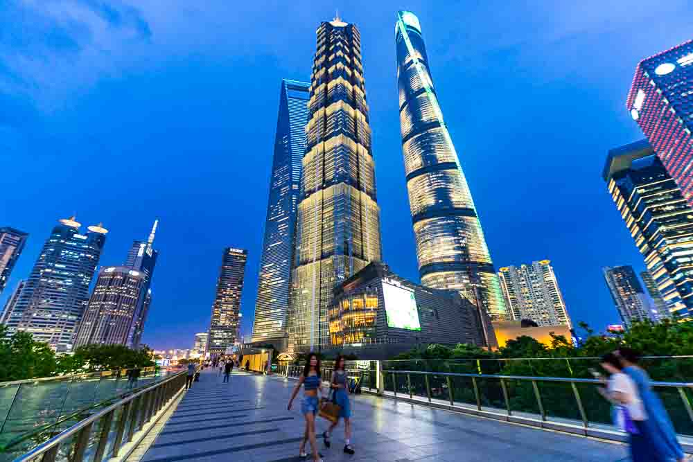 View of Shanghai Tower, Shanghai World Financial Center and Jinmao Tower in the evening Lujiazui, Pudong, Shanghai, China.